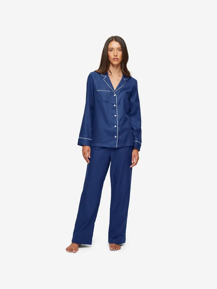 Derek Rose Pajamas Lombard 6 Cotton Jacquard Navy Women Long Pajamas