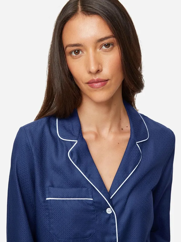 Derek Rose Pajamas Lombard 6 Cotton Jacquard Navy Women Long Pajamas