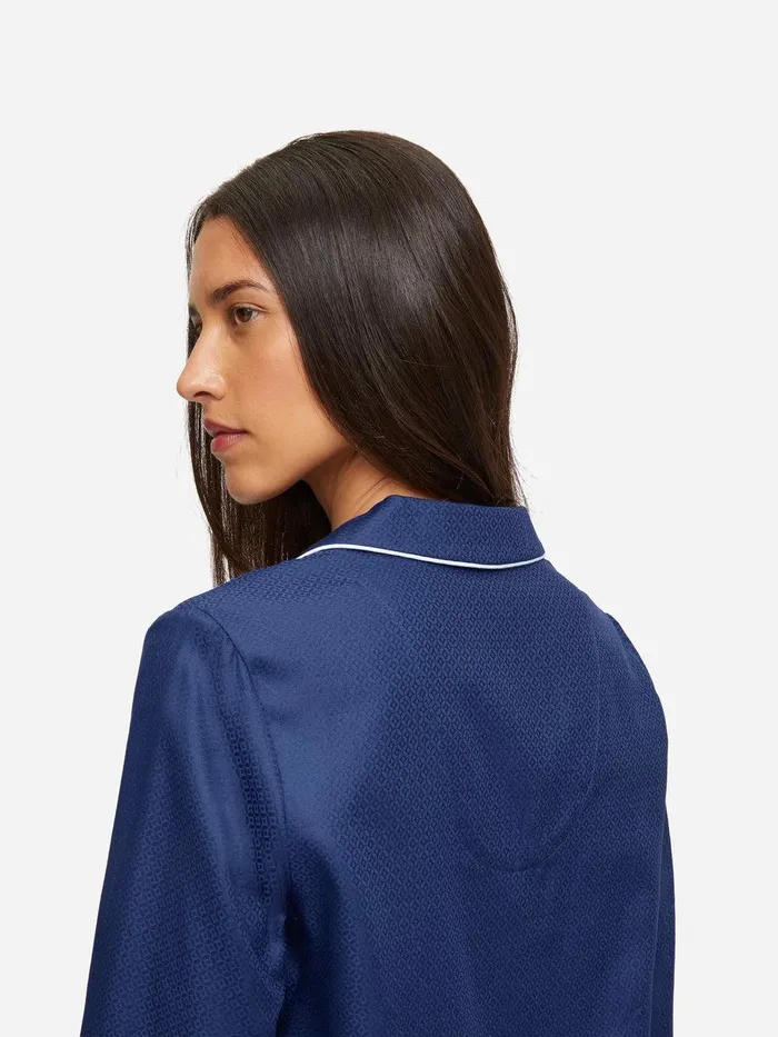 Derek Rose Pajamas Lombard 6 Cotton Jacquard Navy Women Long Pajamas
