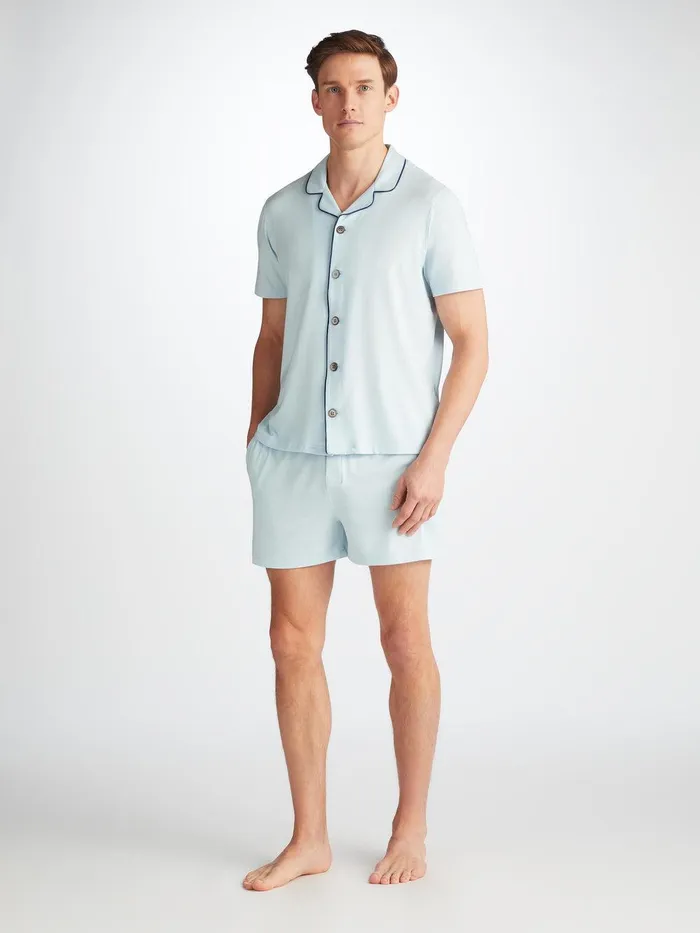 Derek Rose Short Pajamas Basel Micro Modal Stretch Ice Blue Men Short Pajamas