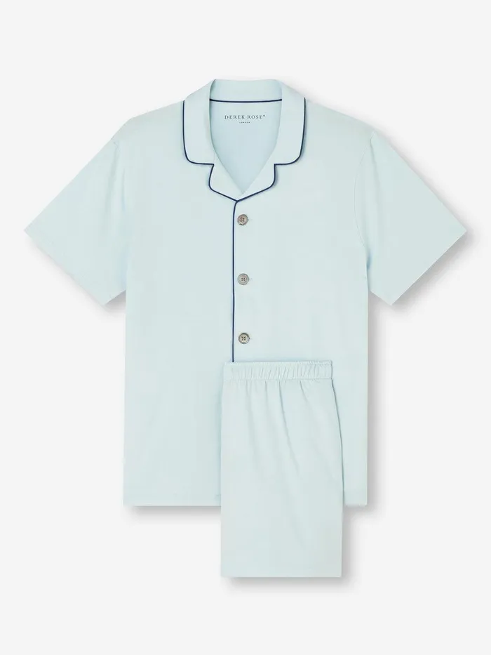 Derek Rose Short Pajamas Basel Micro Modal Stretch Ice Blue Men Short Pajamas