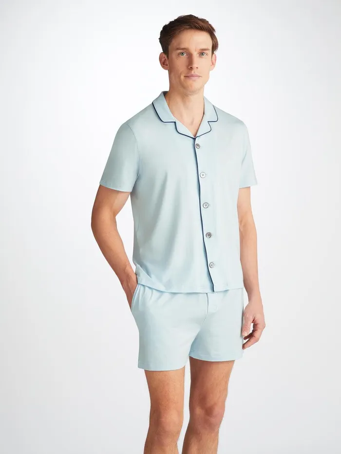 Derek Rose Short Pajamas Basel Micro Modal Stretch Ice Blue Men Short Pajamas