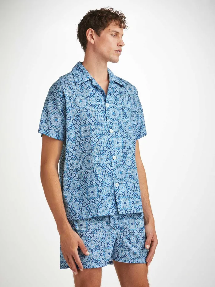 Derek Rose Short Pajamas Ledbury 69 Cotton Batiste Blue Men Cotton Pajamas