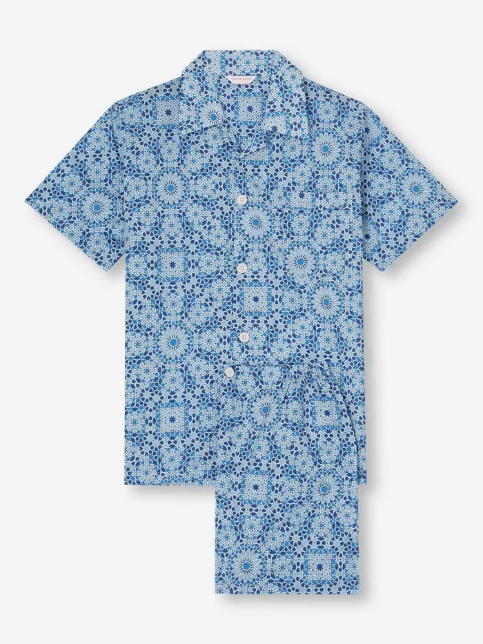 Derek Rose Short Pajamas Ledbury 69 Cotton Batiste Blue Men Cotton Pajamas