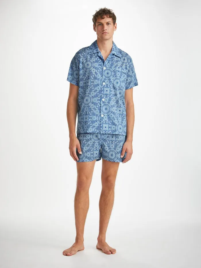 Derek Rose Short Pajamas Ledbury 69 Cotton Batiste Blue Men Cotton Pajamas