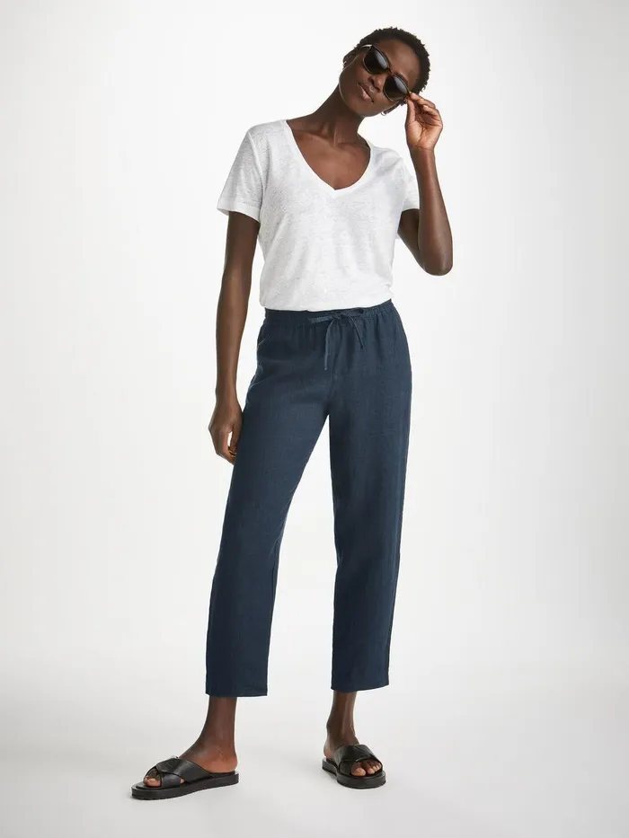Derek Rose Trousers Vienna Linen Navy Women Casual Pants