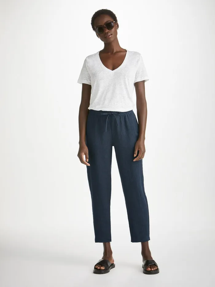 Derek Rose Trousers Vienna Linen Navy Women Casual Pants