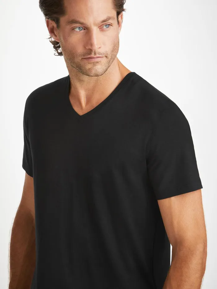 Derek Rose VNeck TShirt Basel Micro Modal Stretch Black Men Short Sleeve TShirts
