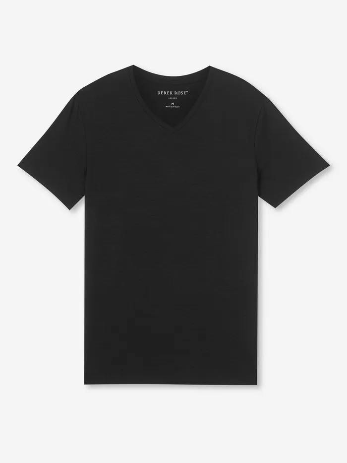 Derek Rose VNeck TShirt Basel Micro Modal Stretch Black Men Short Sleeve TShirts