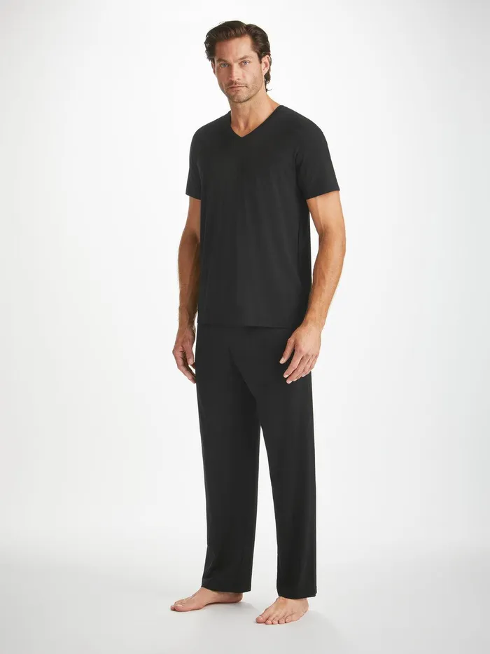 Derek Rose VNeck TShirt Basel Micro Modal Stretch Black Men Short Sleeve TShirts
