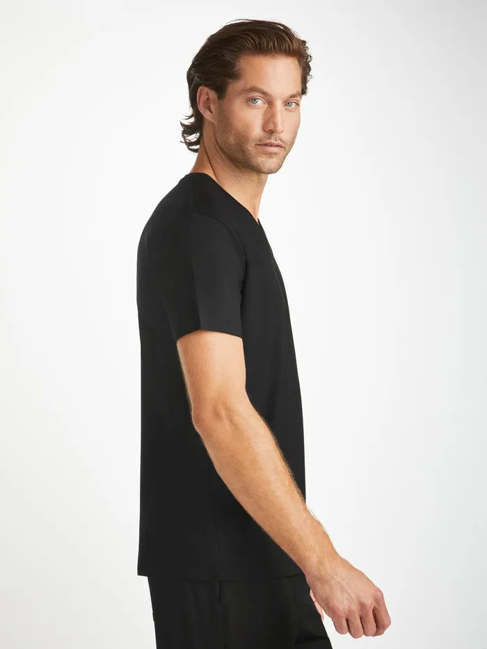Derek Rose VNeck TShirt Basel Micro Modal Stretch Black Men Short Sleeve TShirts