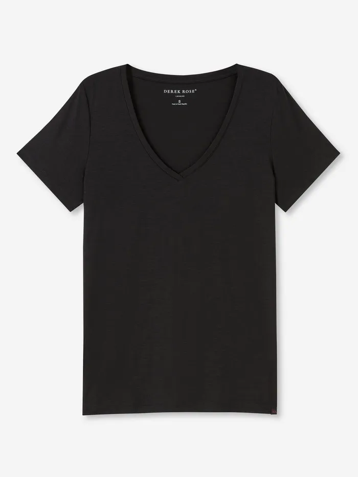 Derek Rose VNeck TShirt Lara Micro Modal Stretch Black Women Short Sleeve TShirts