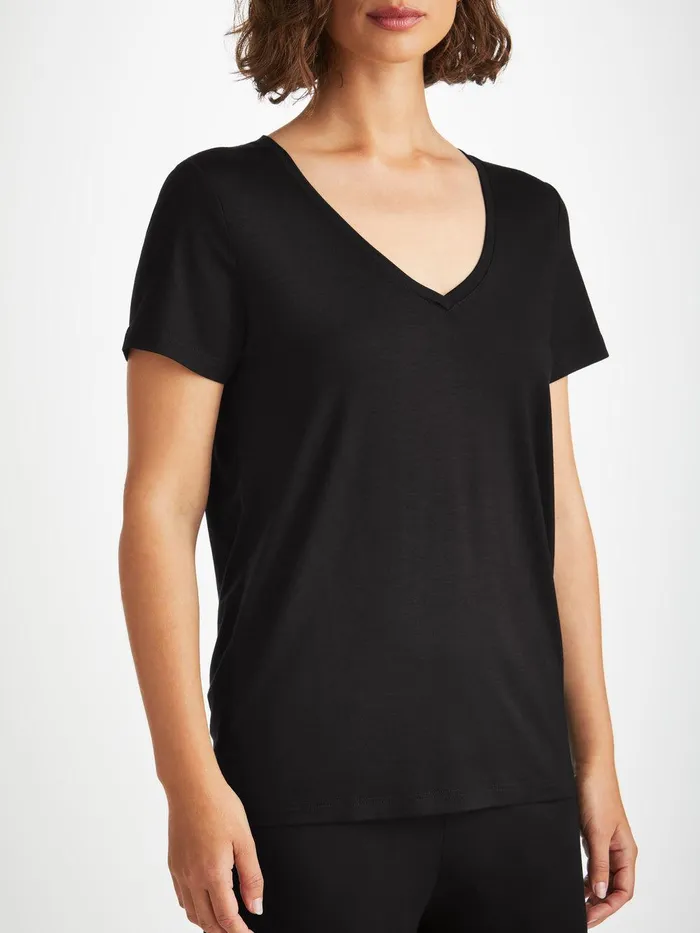 Derek Rose VNeck TShirt Lara Micro Modal Stretch Black Women Short Sleeve TShirts