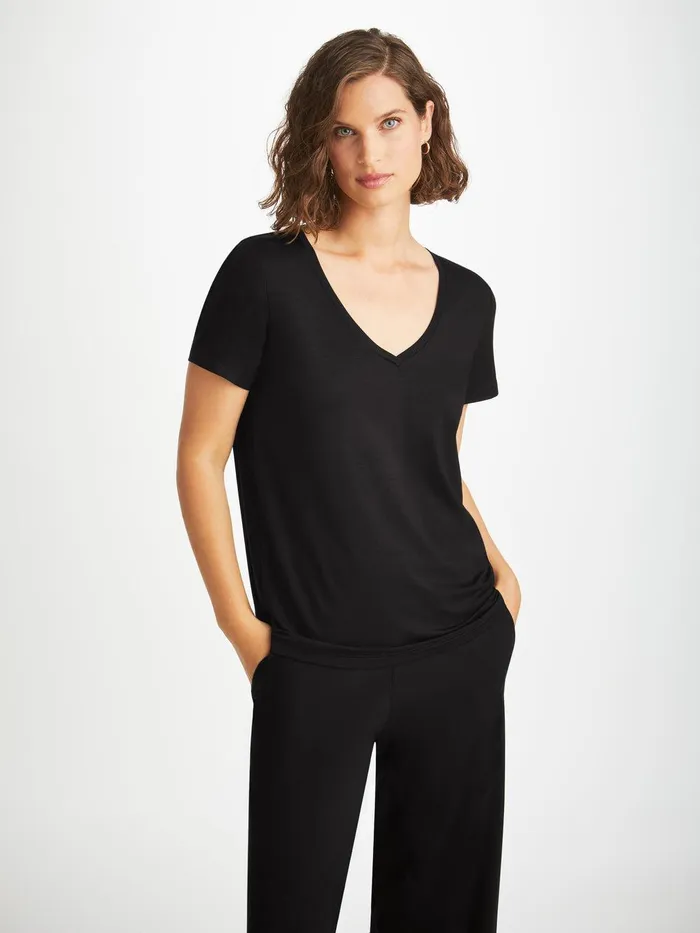Derek Rose VNeck TShirt Lara Micro Modal Stretch Black Women Short Sleeve TShirts