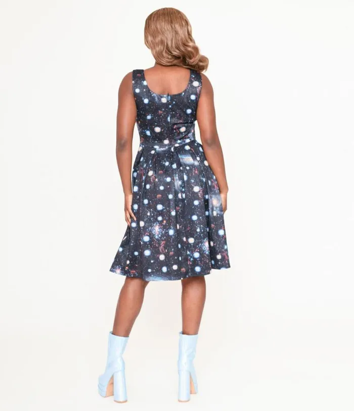 Dolly and Dotty Black Galactic Print Amanda Swing Dress DressesPlus Unique Vintage Pocket Dresses
