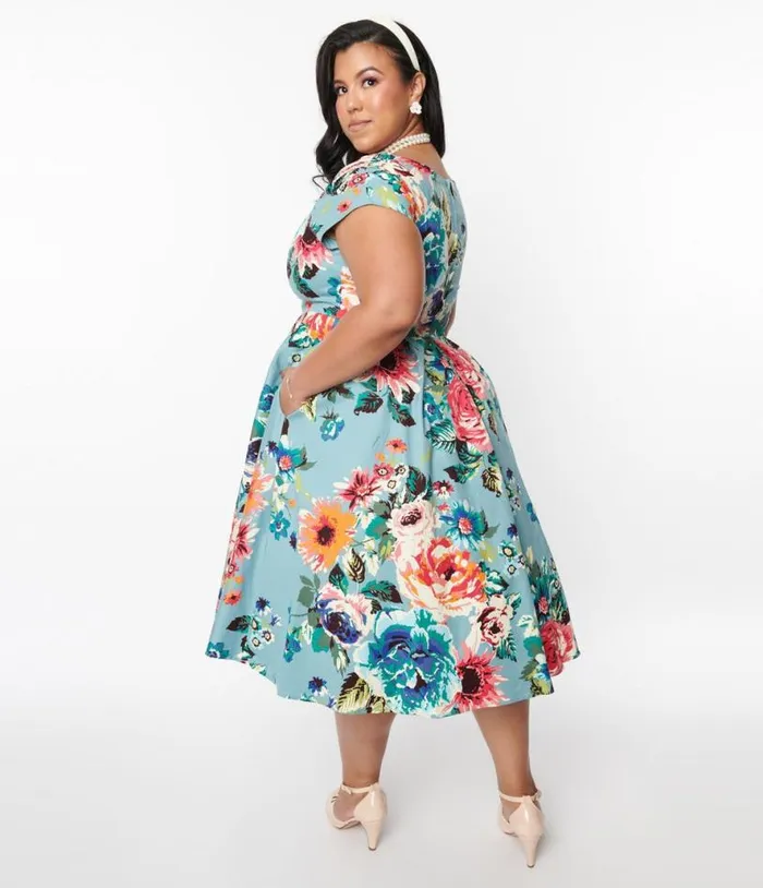 Dolly and Dotty Blue Step Back In Time Swing Dress Dresses Unique Vintage Pocket Dresses