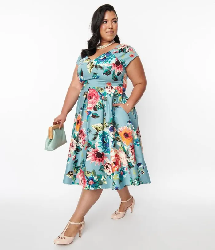 Dolly and Dotty Blue Step Back In Time Swing Dress Dresses Unique Vintage Pocket Dresses