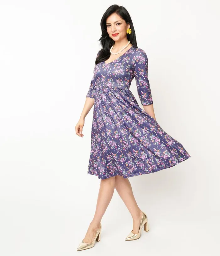 Dolly and Dotty Purple Dragonfly Floral Print Billie Fit and Flare Dress Dresses Unique Vintage Fit and Flare