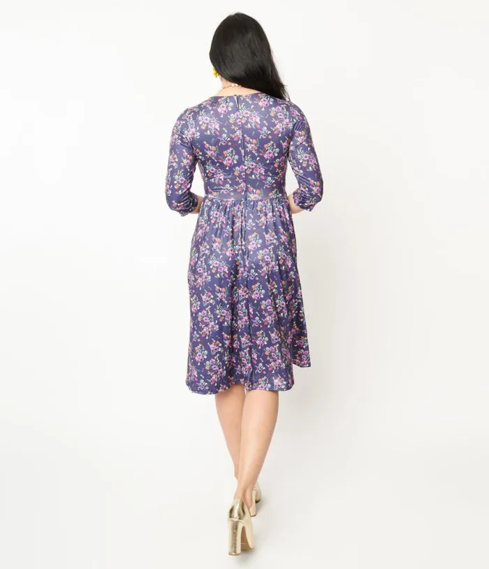 Dolly and Dotty Purple Dragonfly Floral Print Billie Fit and Flare Dress Dresses Unique Vintage Fit and Flare