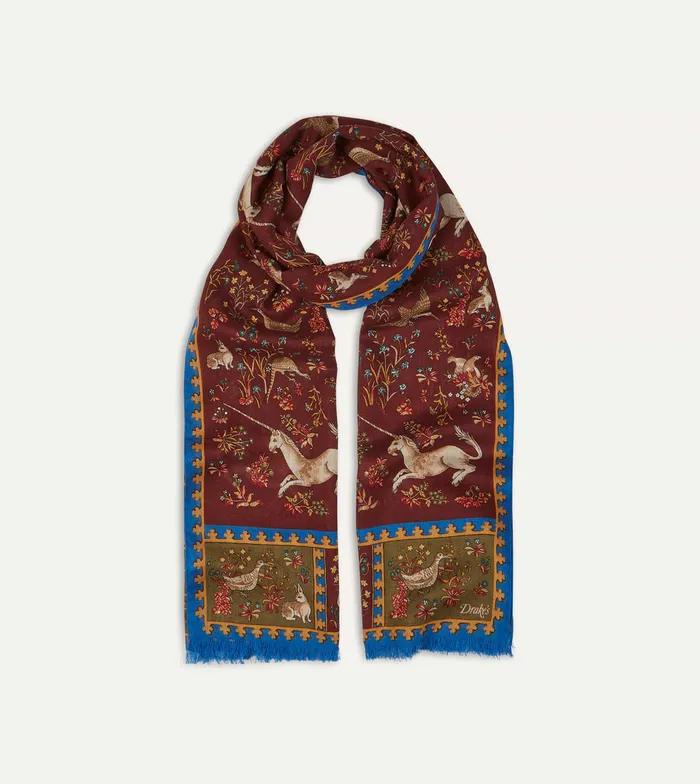 Drake039s Burgundy Unicorn Print WoolSilk Scarf Men Scarves