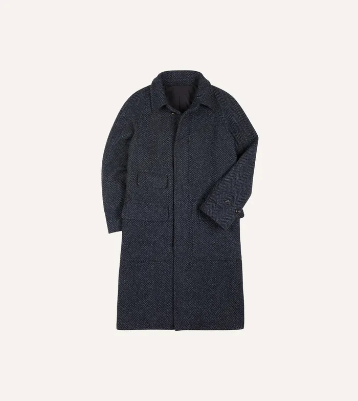 Drake039s Dark Grey Herringbone Wool Raglan Coat Men Coats and Jackets