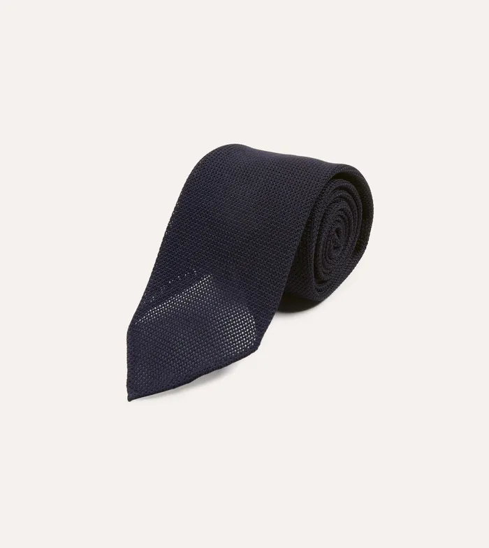 Drake039s Dark Navy Fine Woven Grenadine Silk Hand Rolled Tie Men Plain Ties