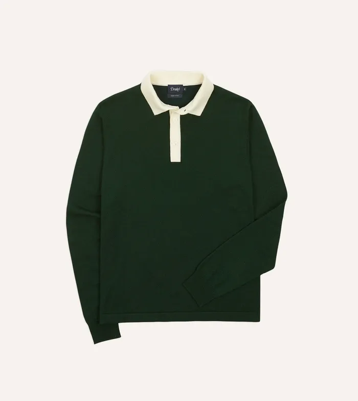 Drake039s Green Merino Wool Knitted Rugby Shirt Men Knitwear