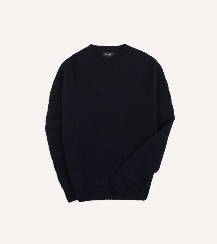 Drake039s Navy Brushed Shetland Cable Knit Crew Neck Jumper Men Knitwear