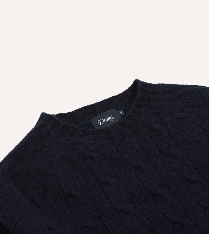 Drake039s Navy Brushed Shetland Cable Knit Crew Neck Jumper Men Knitwear