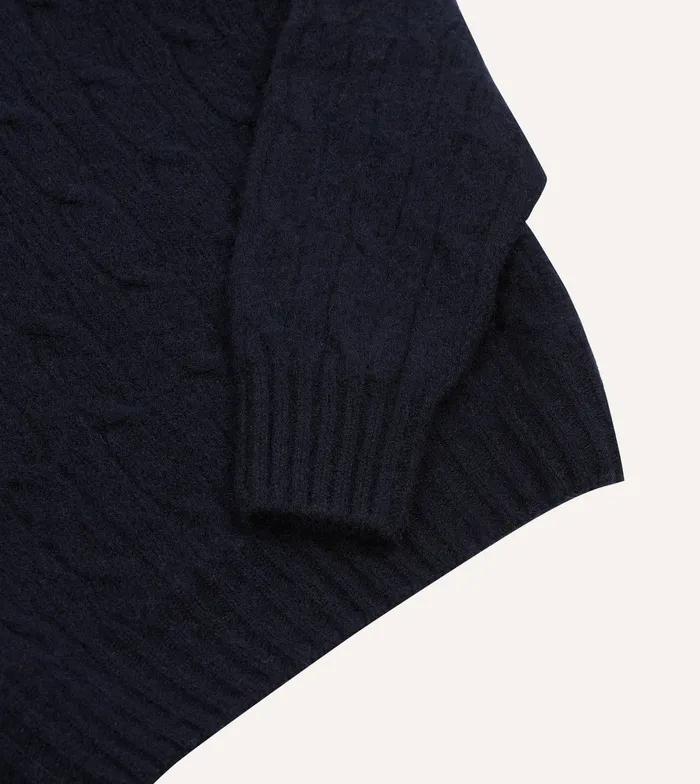 Drake039s Navy Brushed Shetland Cable Knit Crew Neck Jumper Men Knitwear