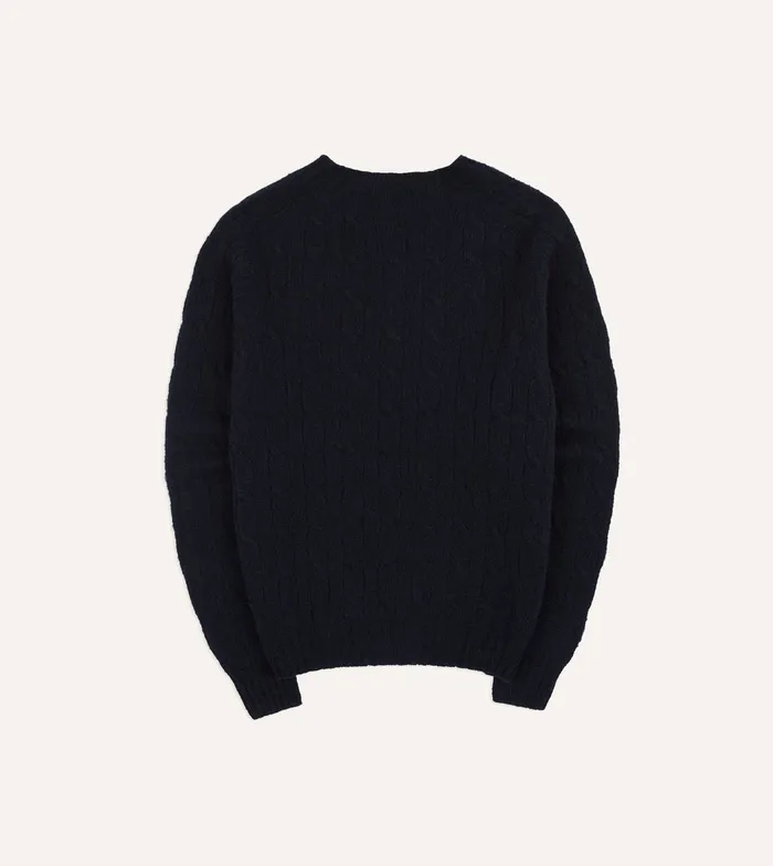 Drake039s Navy Brushed Shetland Cable Knit Crew Neck Jumper Men Knitwear