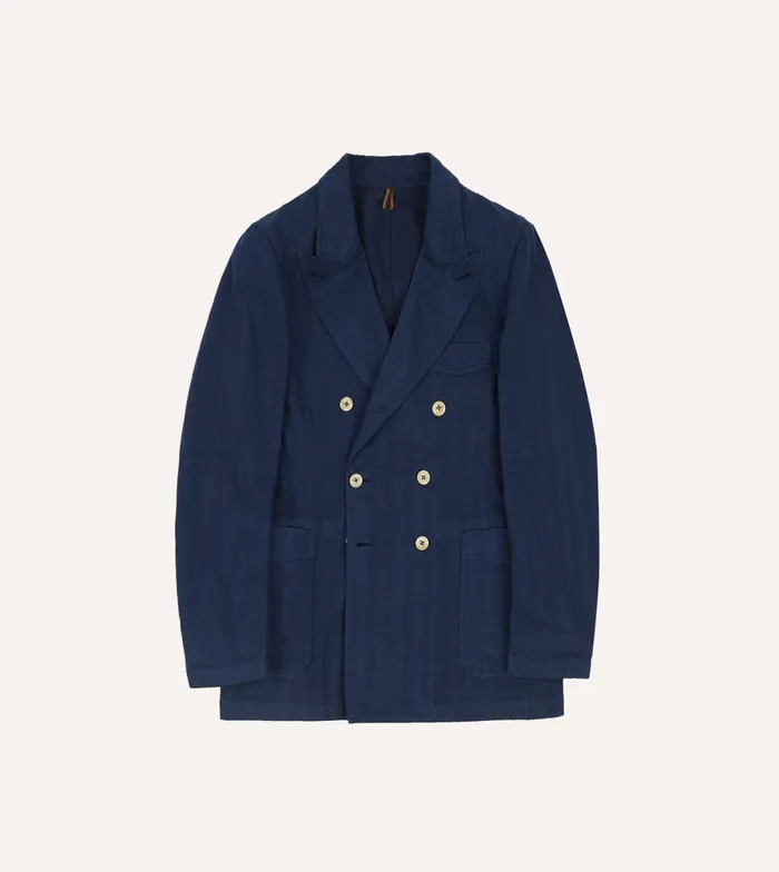 Drake039s Navy Cotton Linen Herringbone Games Blazer Mk Iii Men Suits
