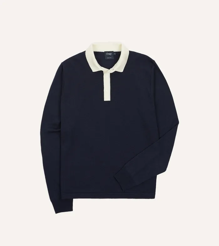 Drake039s Navy Merino Wool Knitted Rugby Shirt Men Knitwear