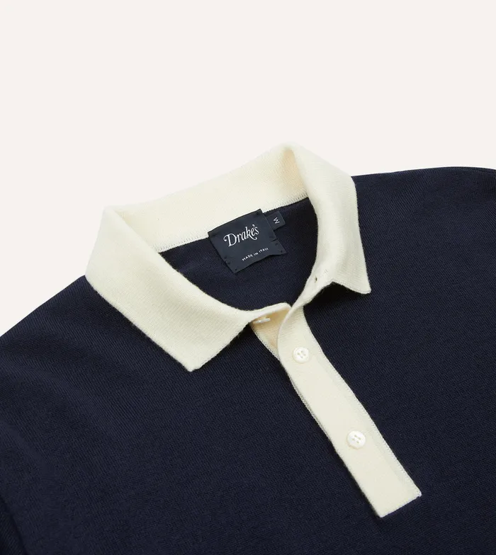 Drake039s Navy Merino Wool Knitted Rugby Shirt Men Knitwear