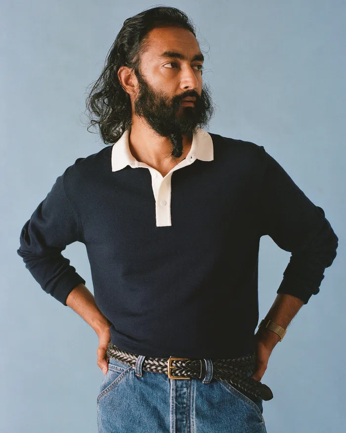 Drake039s Navy Merino Wool Knitted Rugby Shirt Men Knitwear