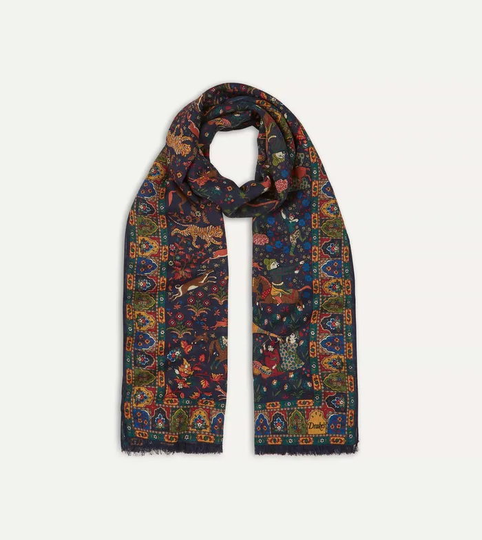 Drake039s Navy Mughal Hunter Print WoolSilk Scarf Men Scarves