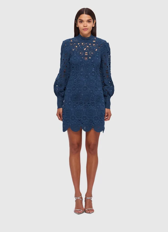 Dresses and Jumpsuits Women LEO LIN Daisy Crochet Long Sleeve Mini Dress 8211 Navy