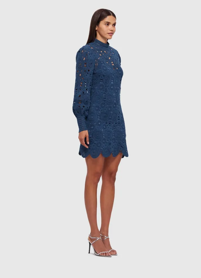Dresses and Jumpsuits Women LEO LIN Daisy Crochet Long Sleeve Mini Dress 8211 Navy