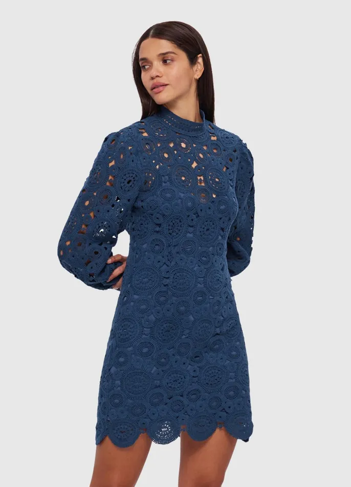 Dresses and Jumpsuits Women LEO LIN Daisy Crochet Long Sleeve Mini Dress 8211 Navy
