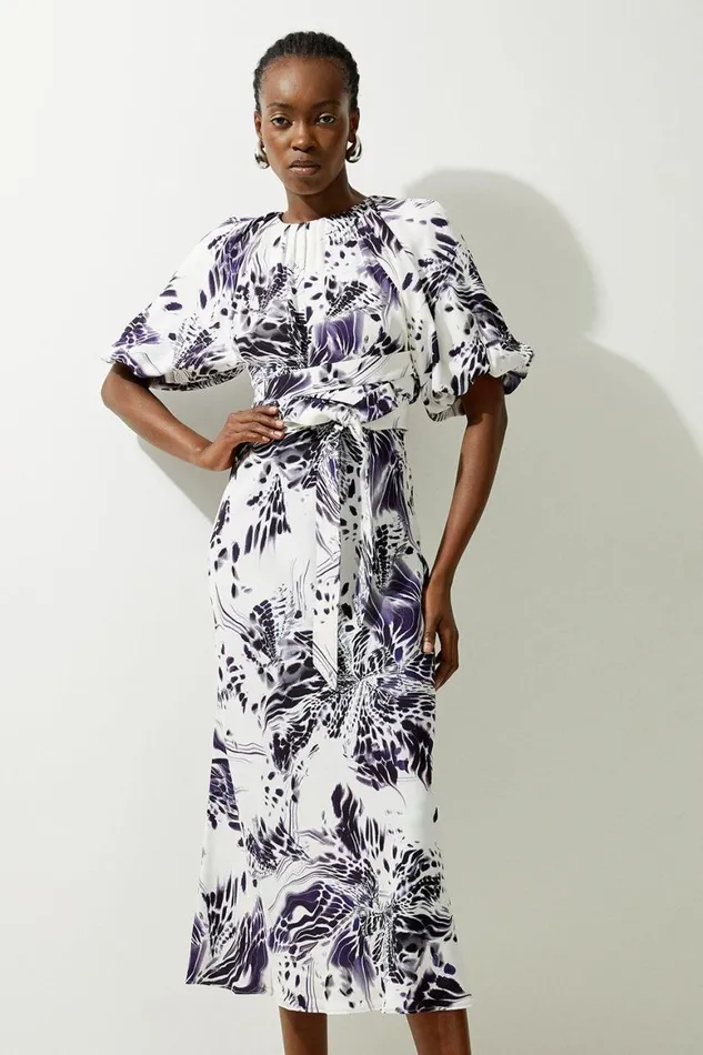 Dresses Women Karen Millen Abstract Floral Satin Woven Midi Dress Purple