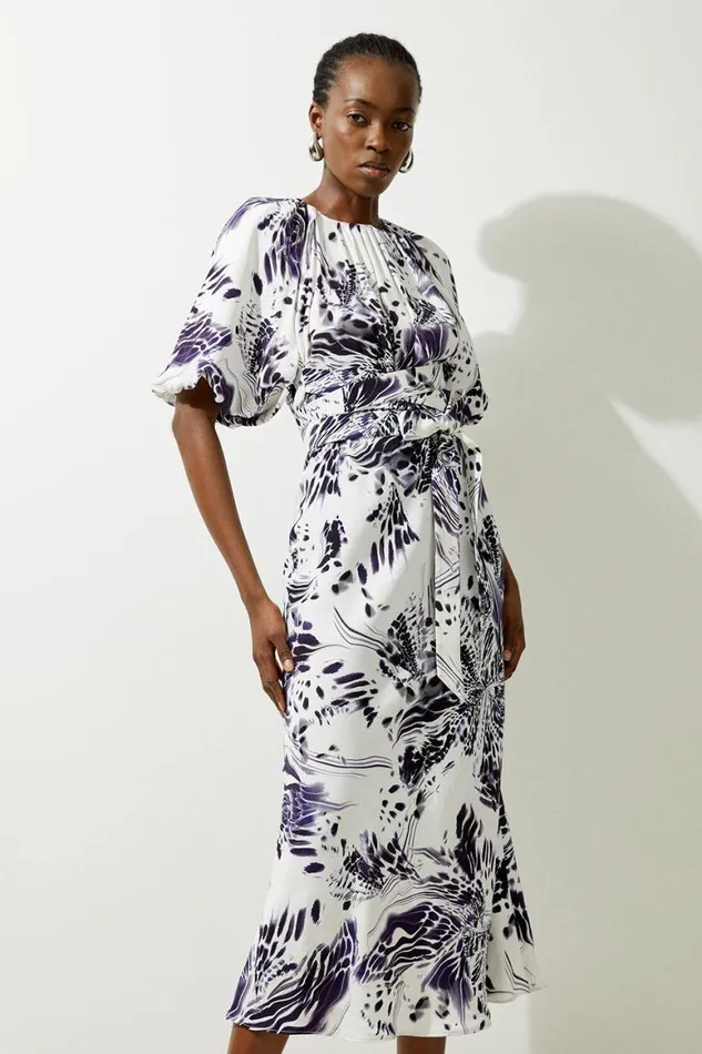 Dresses Women Karen Millen Abstract Floral Satin Woven Midi Dress Purple