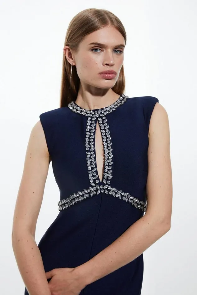 Dresses Women Karen Millen Bandage Figure Form Knit Keyhole Embellished Maxi Dress Navy