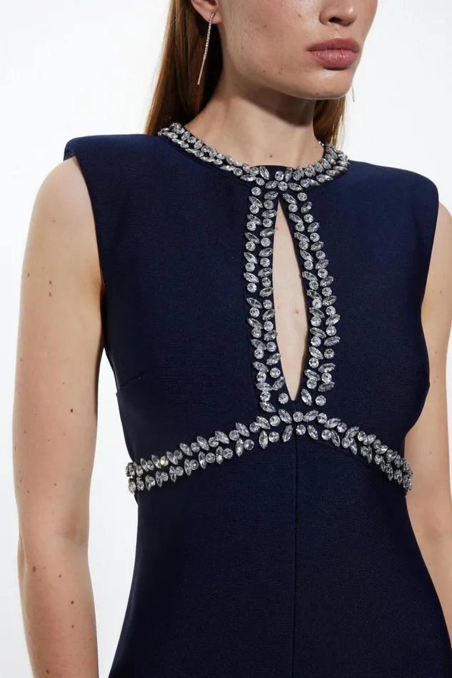 Dresses Women Karen Millen Bandage Figure Form Knit Keyhole Embellished Maxi Dress Navy