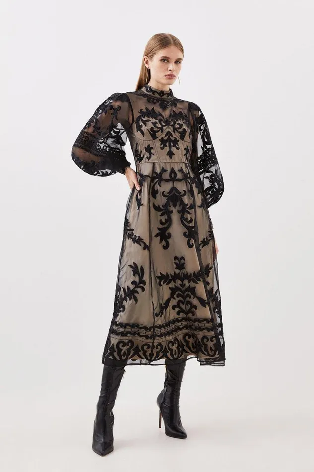 Dresses Women Karen Millen Baroque Applique Woven Maxi Dress Black