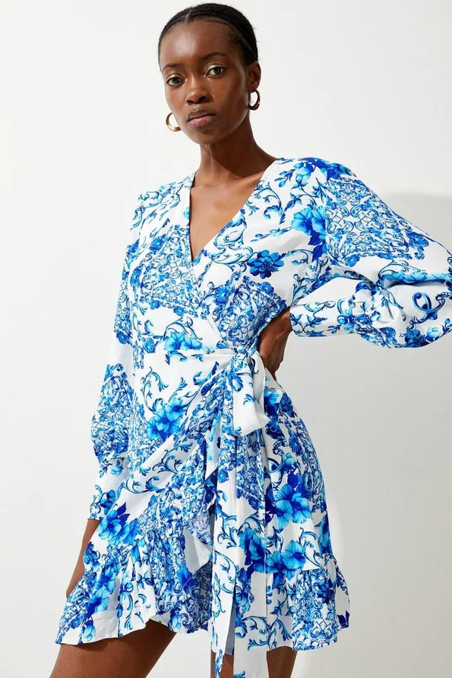 Dresses Women Karen Millen Baroque Tile Woven Wrap Mini Dress Blue