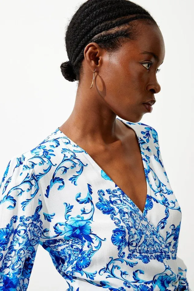 Dresses Women Karen Millen Baroque Tile Woven Wrap Mini Dress Blue