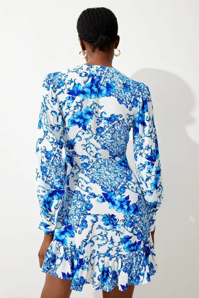 Dresses Women Karen Millen Baroque Tile Woven Wrap Mini Dress Blue
