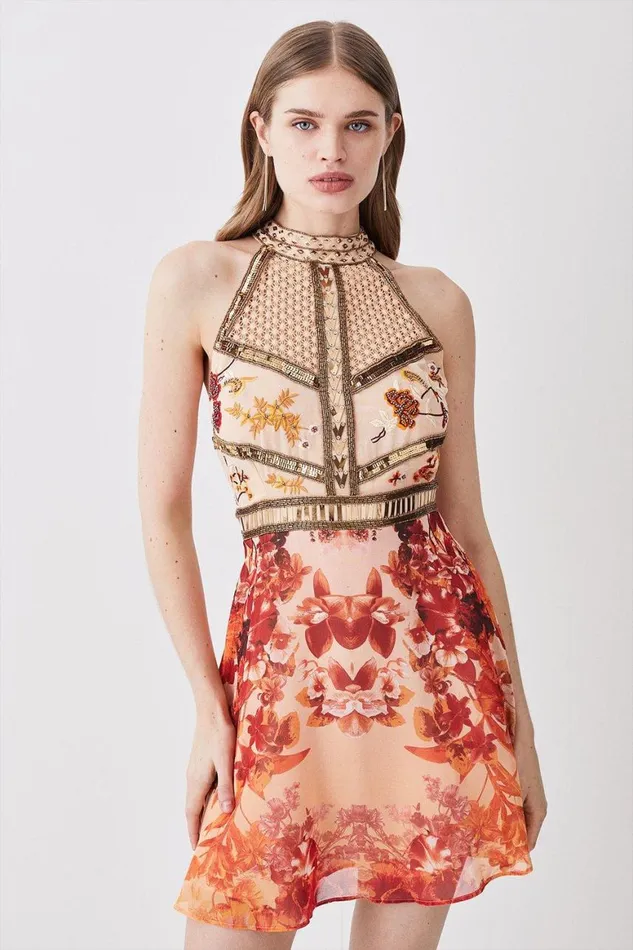 Dresses Women Karen Millen Beaded And Embroidery Woven Mini Dress Red