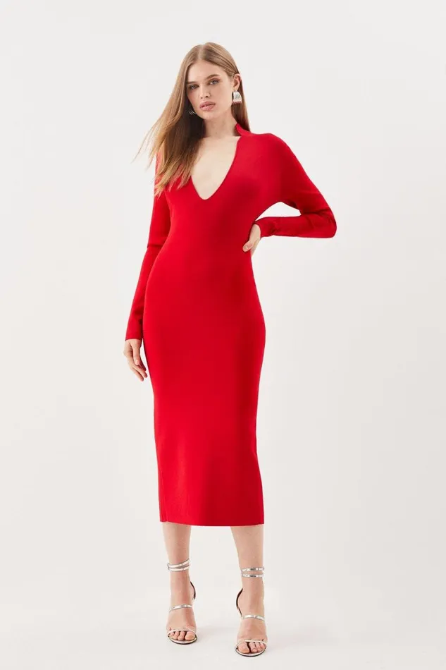 Dresses Women Karen Millen Body Contouring Collared Knit Midi Dress Red