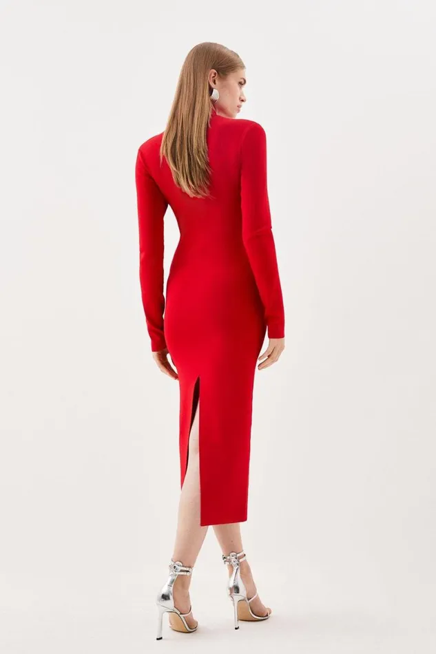 Dresses Women Karen Millen Body Contouring Collared Knit Midi Dress Red
